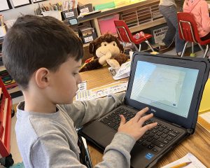 Student works on computer next to a stuffed monkey