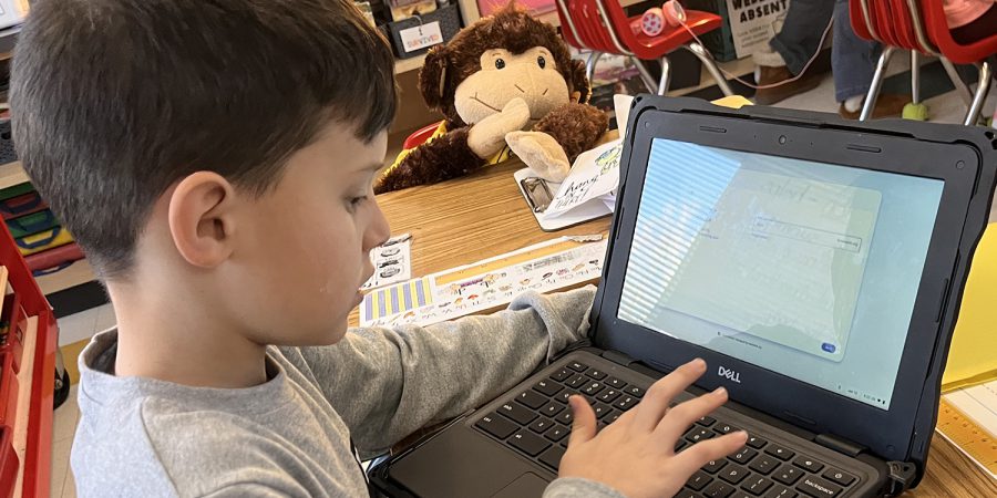 Student works on computer next to a stuffed monkey