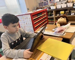 Student works on computer next to a stuffed monkey